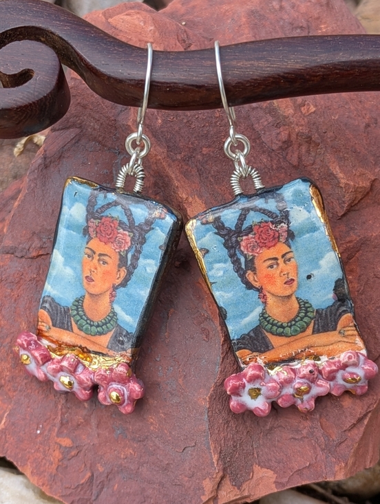 Artisan Jewelry - Rare Frida Khalo Earrings Artisan Ceramic Jewelry Sterling Silver